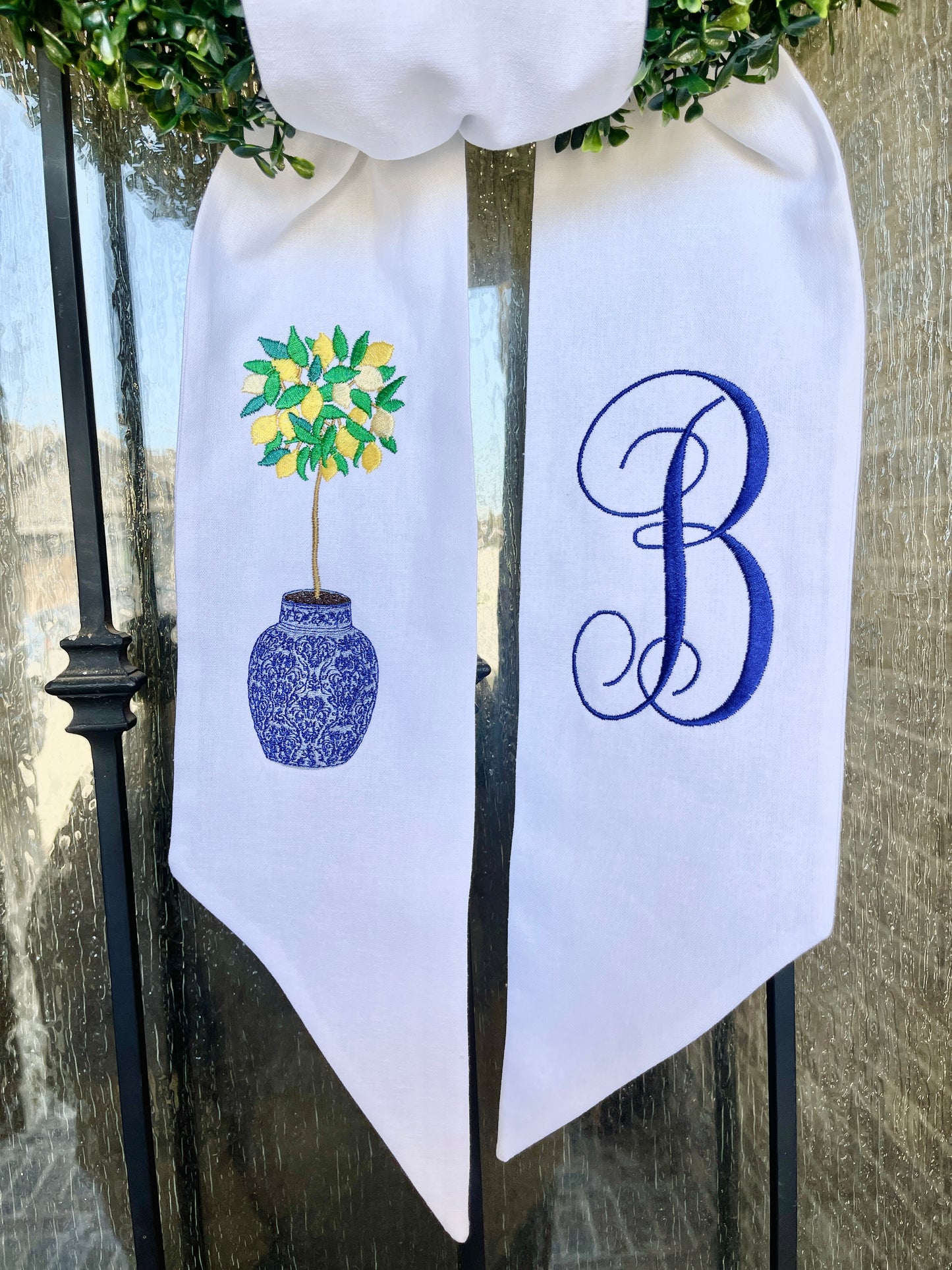 Front Door Decor: Chinoiserie Lemon Tree Wreath Sash